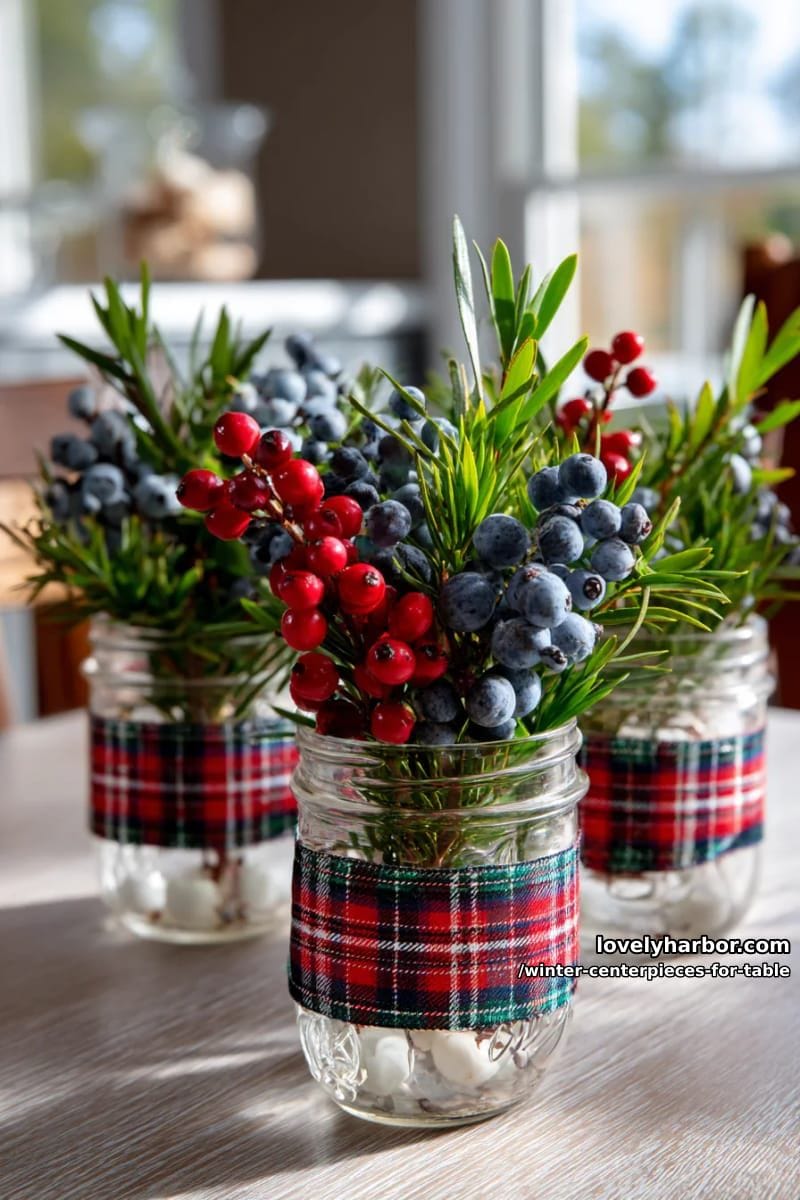 mason jars wrapped in plaid ribbon, filled with juniper and red berries 1
