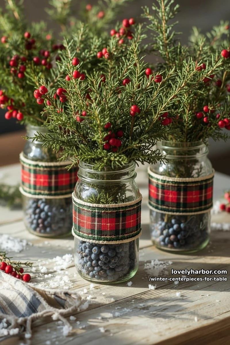 mason jars wrapped in plaid ribbon, filled with juniper and red berries 1
