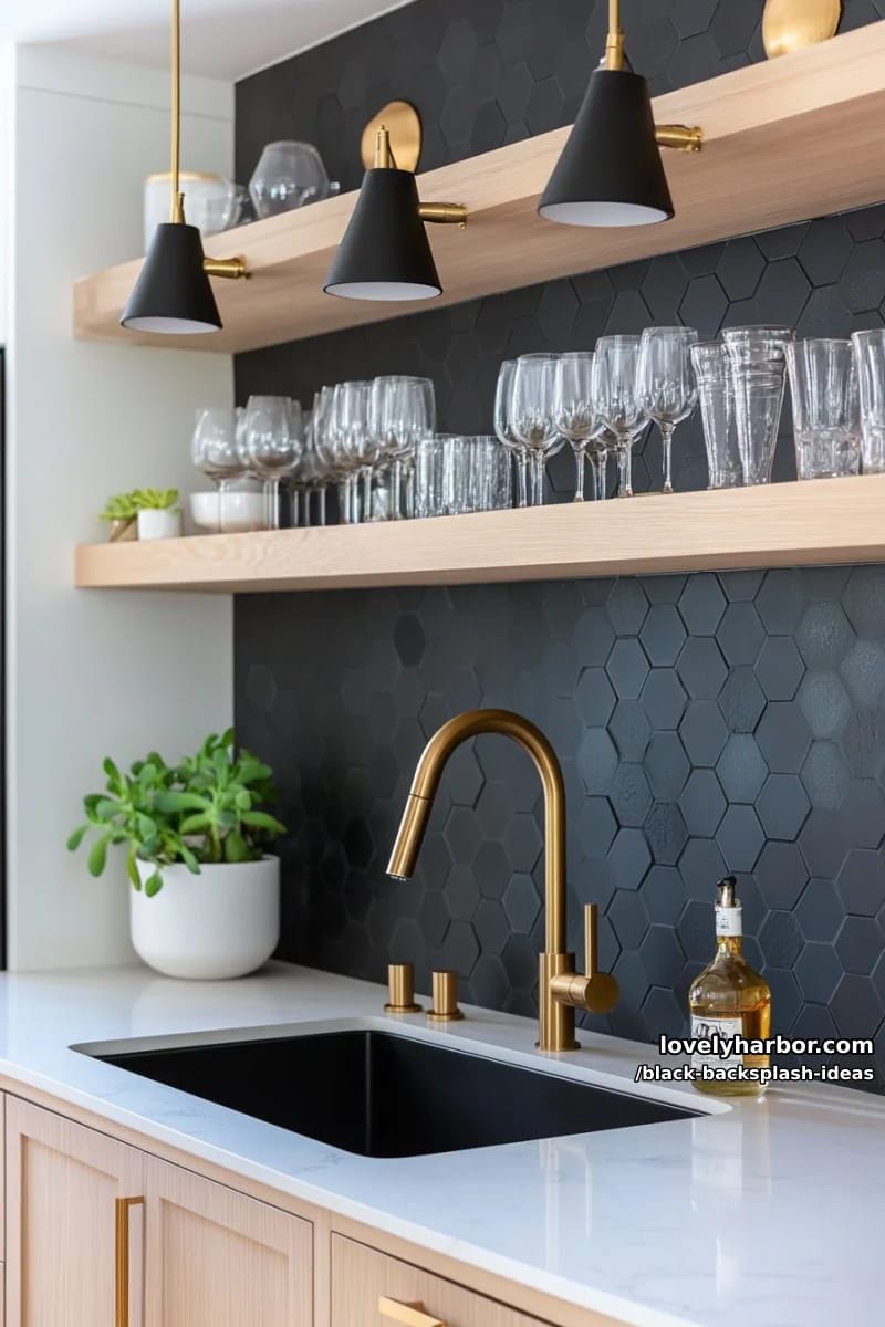 15 Black Backsplash Design Ideas for a Stylish Kitchen 3 matte black hexagon tiles paired with brushed gold fixtures for striking contrast 1