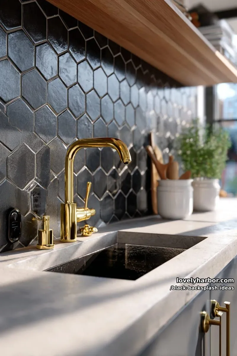 matte black hexagon tiles paired with brushed gold fixtures for striking contrast 1