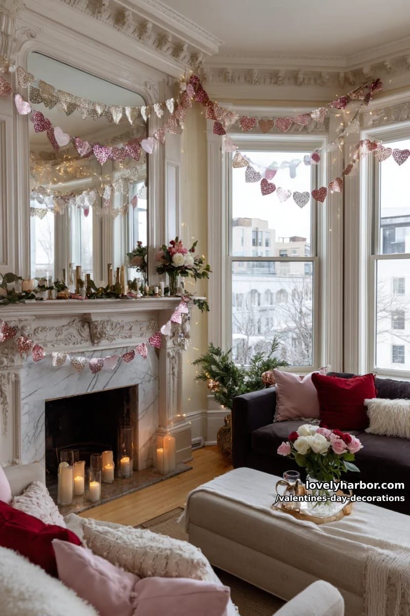 metallic heart garlands draping windows and mirrors 1