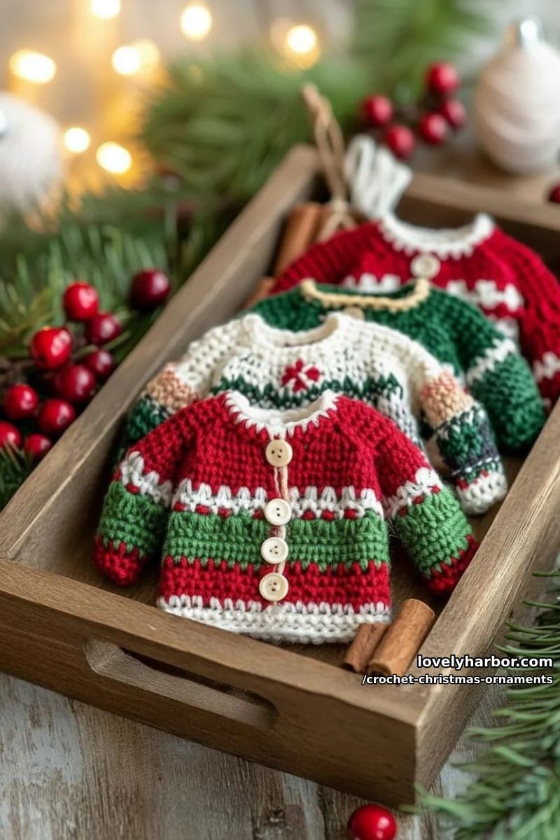 mini crochet christmas sweaters with fair isle patterns and tiny buttons 1