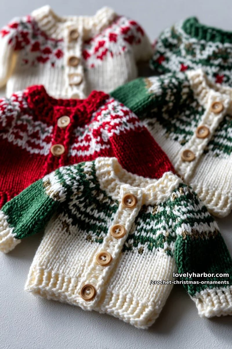 mini crochet christmas sweaters with fair isle patterns and tiny buttons 1