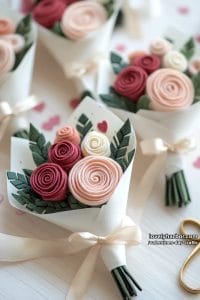 21 Unique Valentine’s Day Crafts to Warm Your Heart 1 mini flower bouquet with felt roses wrapped in polka dot paper 15