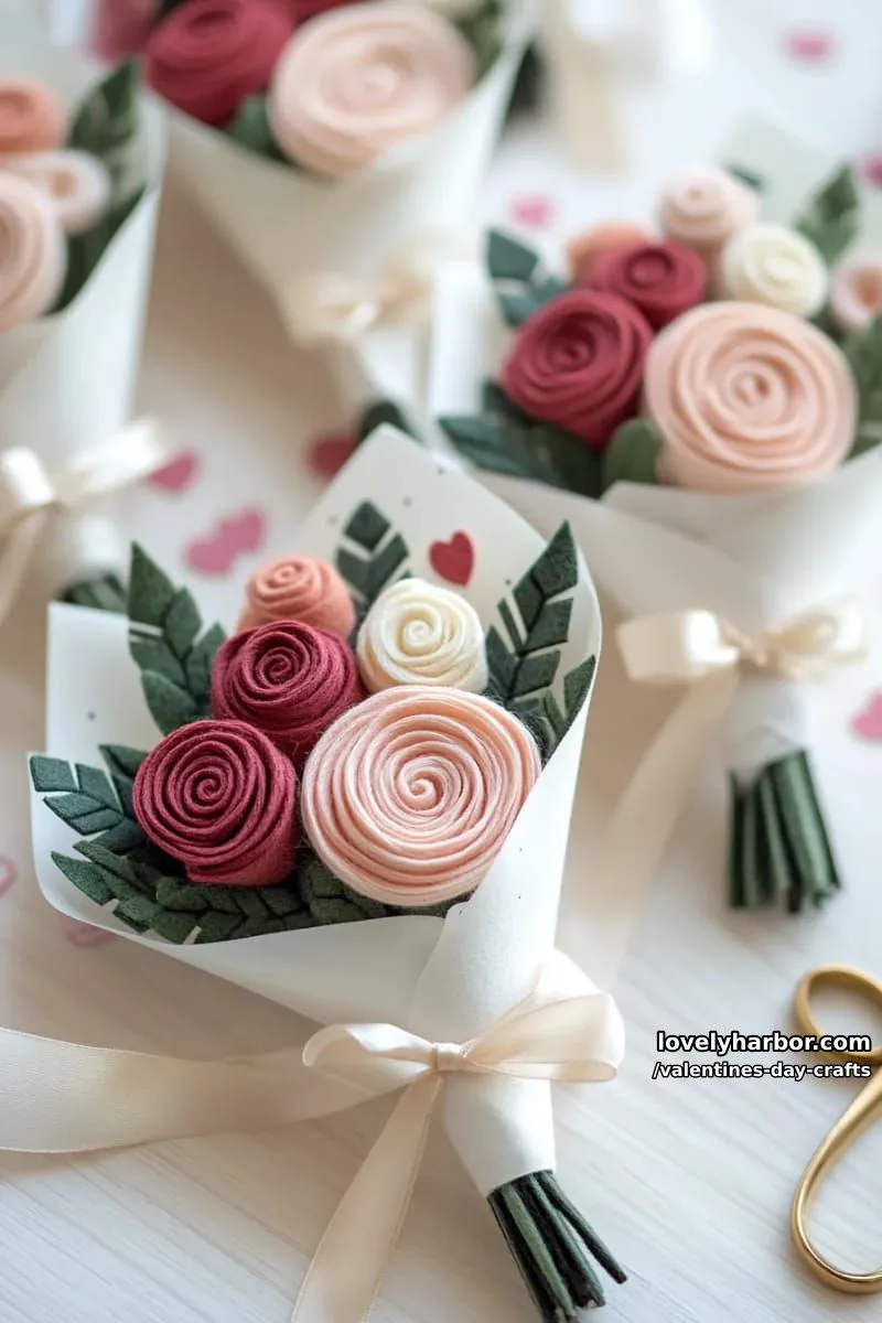 21 Unique Valentine’s Day Crafts to Warm Your Heart 29 mini flower bouquet with felt roses wrapped in polka dot paper 1