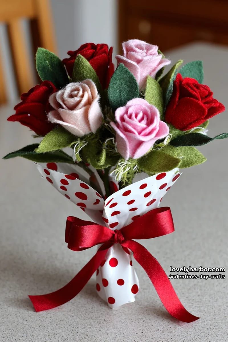 21 Unique Valentine’s Day Crafts to Warm Your Heart 31 mini flower bouquet with felt roses wrapped in polka dot paper 1
