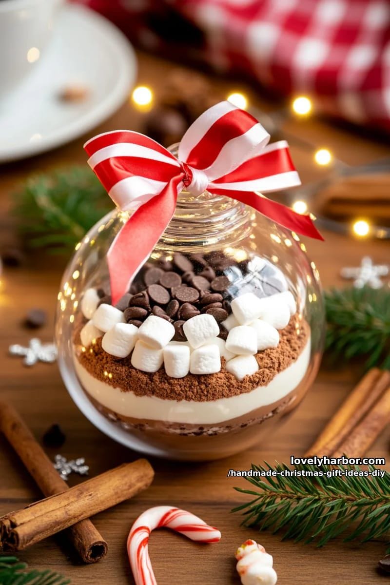 mini hot chocolate kit in a clear ornament with festive ribbon accents 1