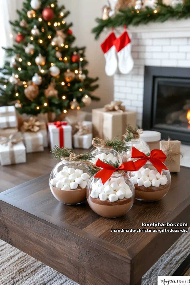 mini hot chocolate kit in a clear ornament with festive ribbon accents 1