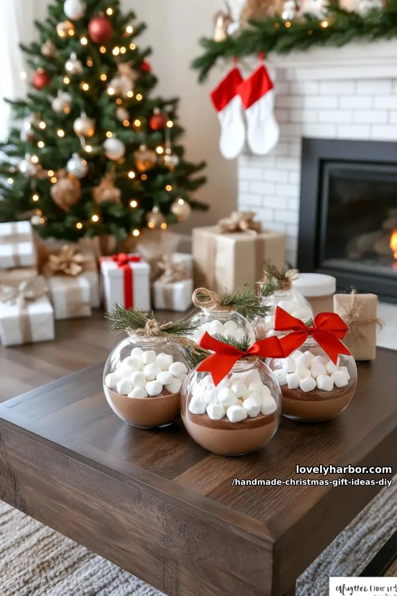 11 Unique DIY Christmas Gifts to Make This Year 3 mini hot chocolate kit in a clear ornament with festive ribbon accents 1