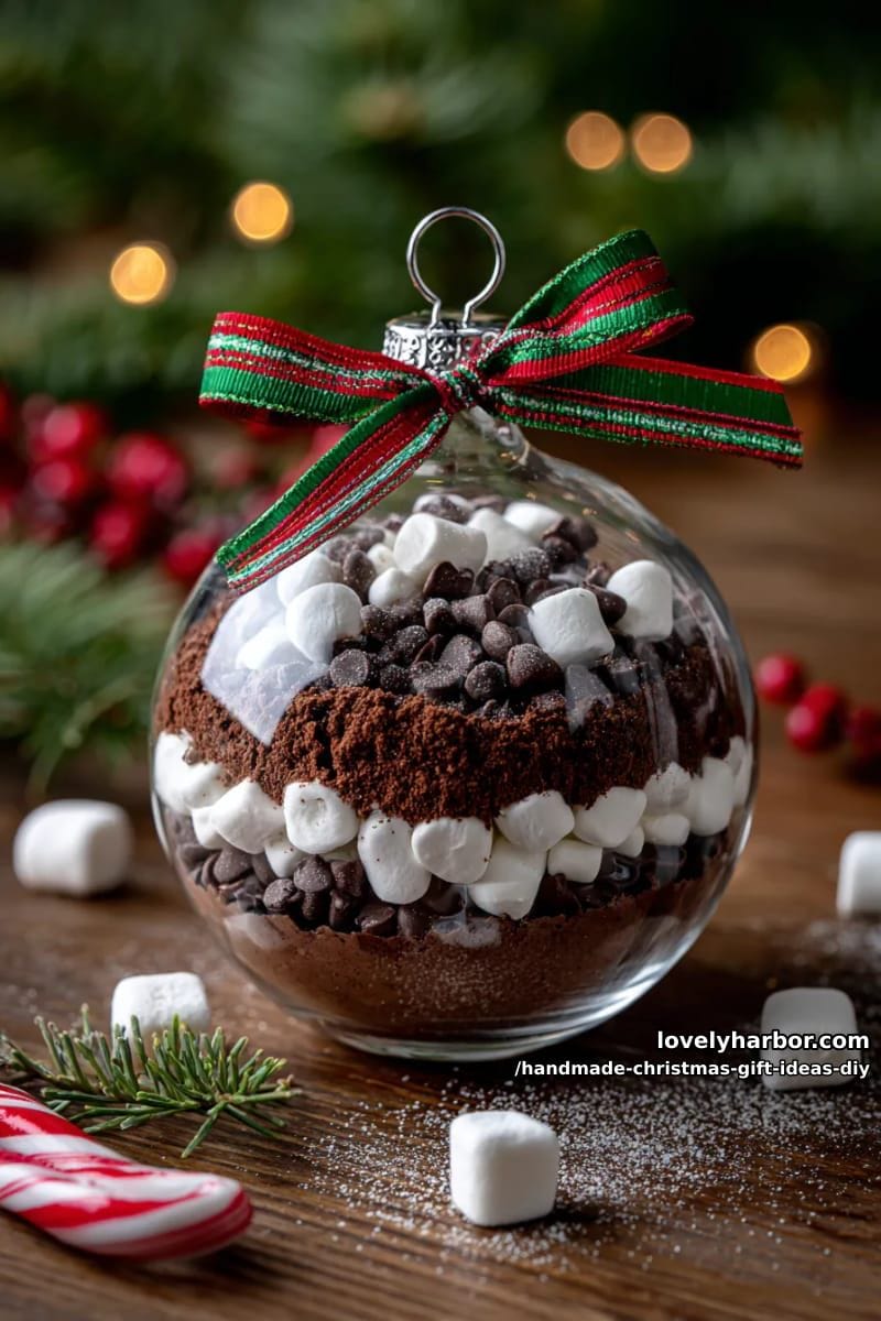 mini hot chocolate kit in a clear ornament with festive ribbon accents 1