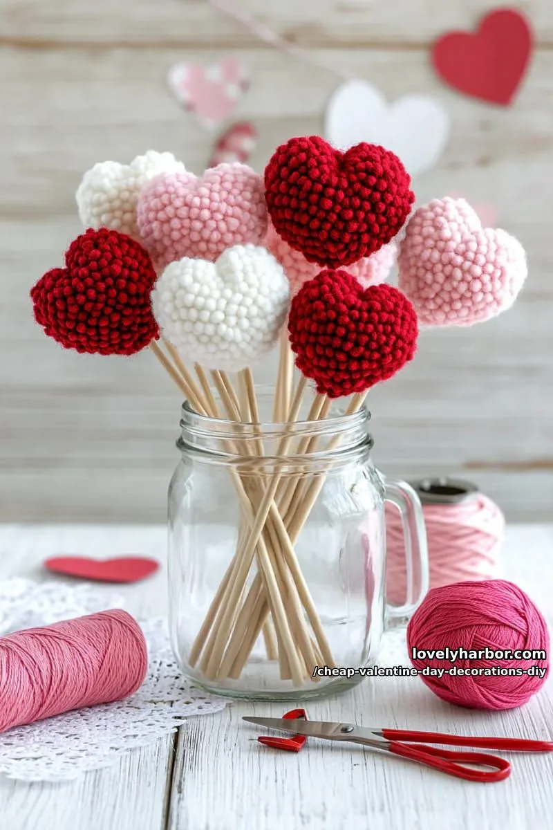 mini pom-pom heart bouquet using yarn scraps and skewers 1