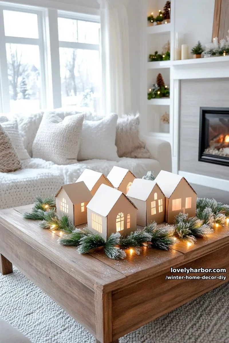miniature cardboard house village with glowing led tea lights 1