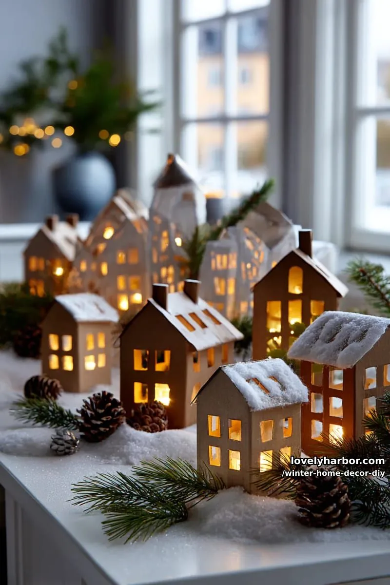 miniature cardboard house village with glowing led tea lights 1