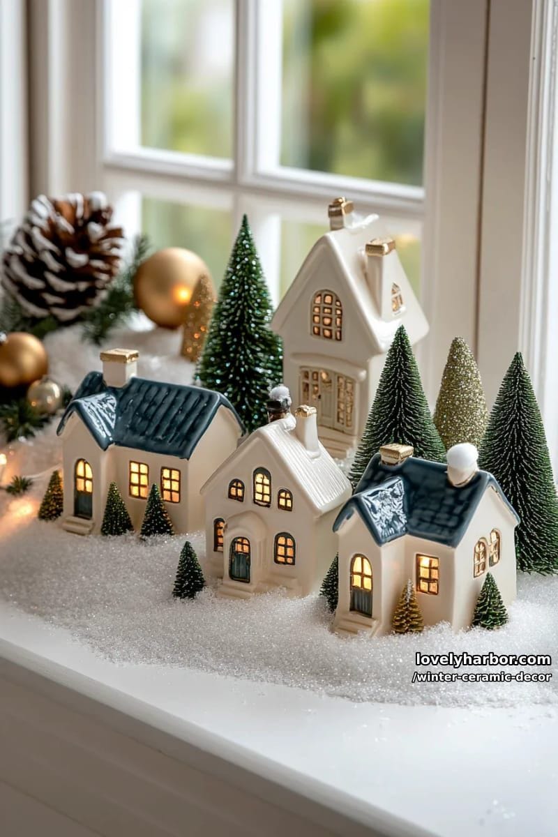 miniature ceramic christmas village houses glowing with soft warm led lights 1