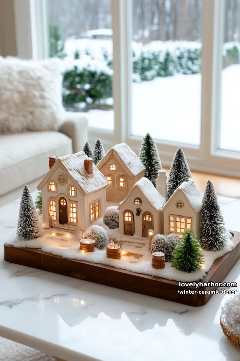 miniature ceramic christmas village houses glowing with soft warm led lights 1