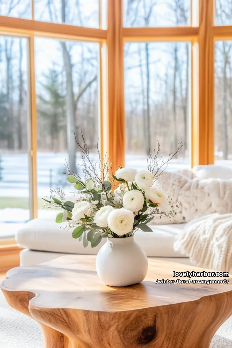 minimalist arrangement—bare branches, white ranunculus, and fresh juniper 1