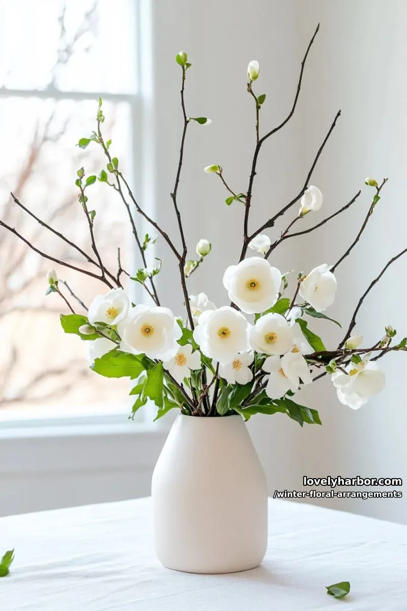 minimalist arrangement—bare branches, white ranunculus, and fresh juniper 1