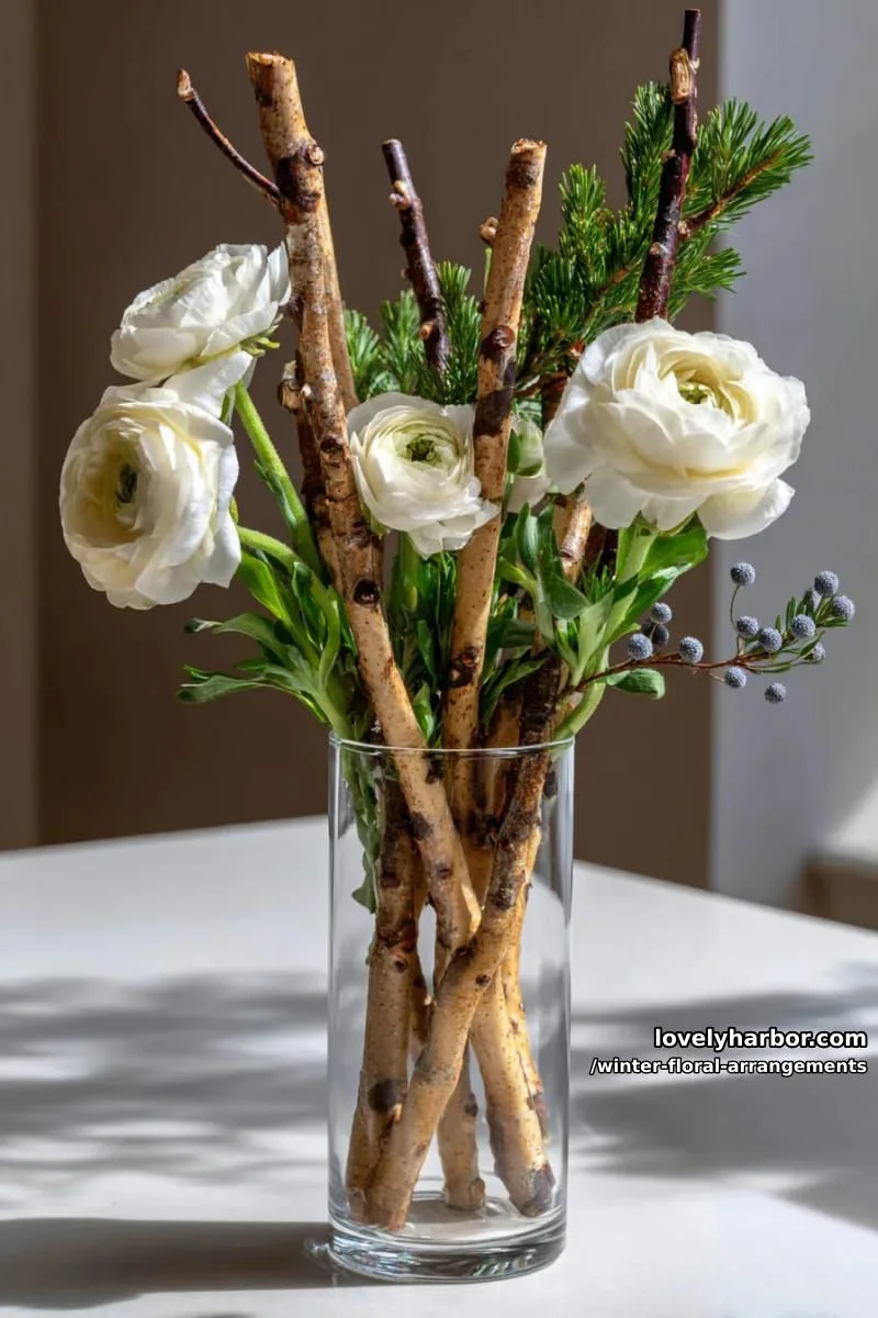 minimalist arrangement—bare branches, white ranunculus, and fresh juniper 1