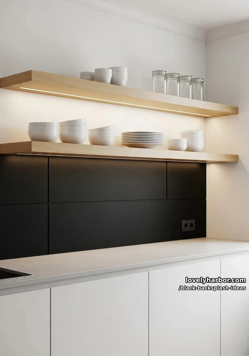 minimalist black panel backsplash with floating wood shelves for scandinavian flair 1