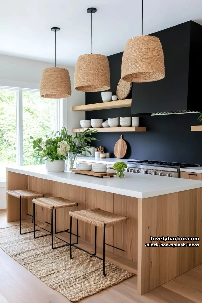 minimalist black panel backsplash with floating wood shelves for scandinavian flair 1
