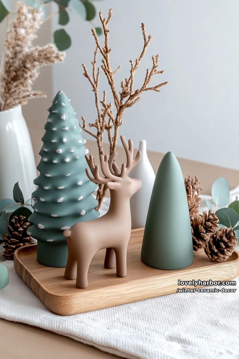 minimalist ceramic reindeer and tree set in muted earthy winter tones 1