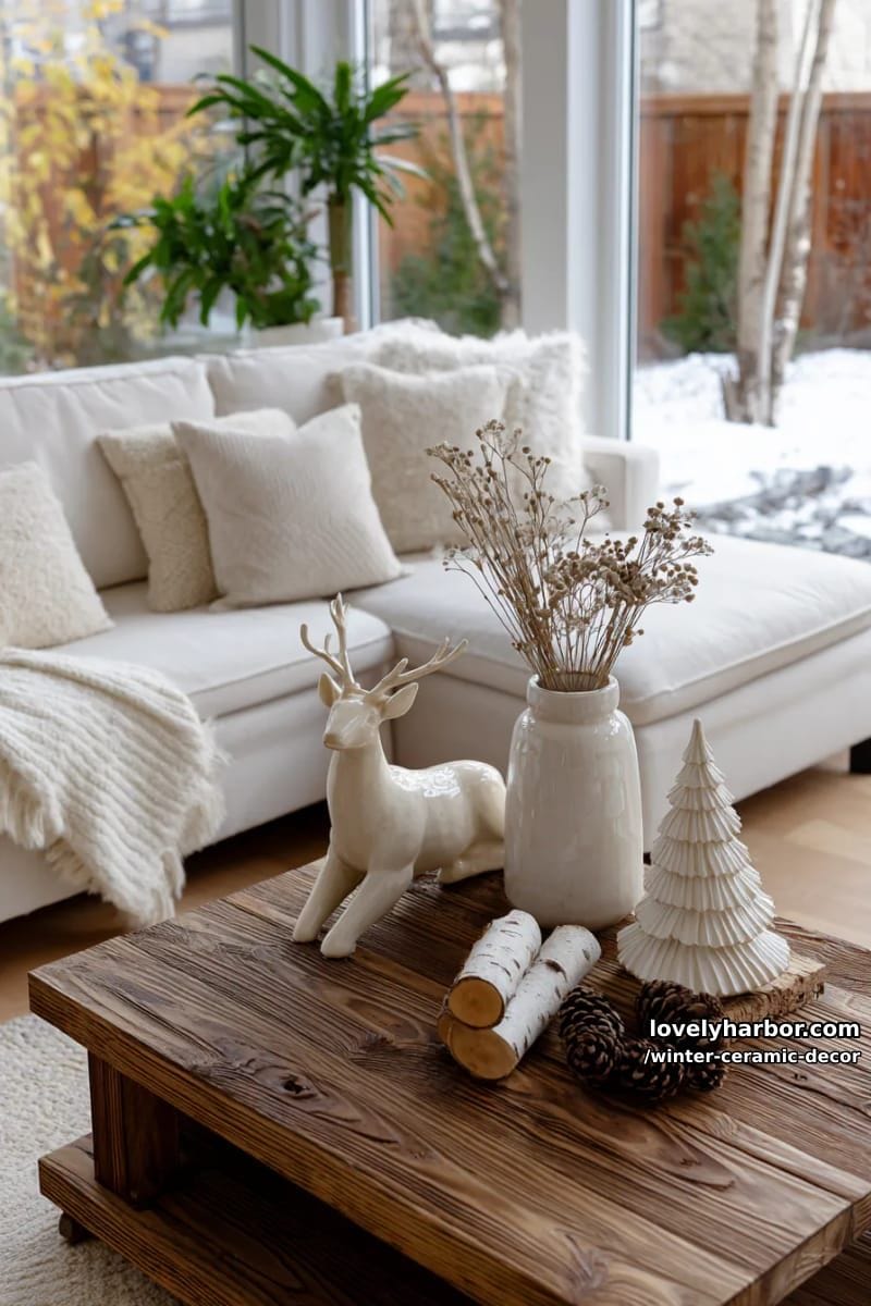 minimalist ceramic reindeer and tree set in muted earthy winter tones 1