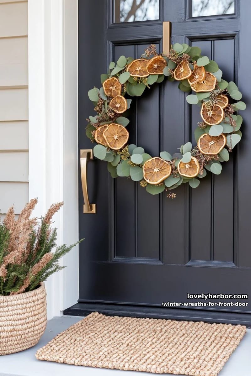 minimalist eucalyptus and dried orange slice wreath on black door 1