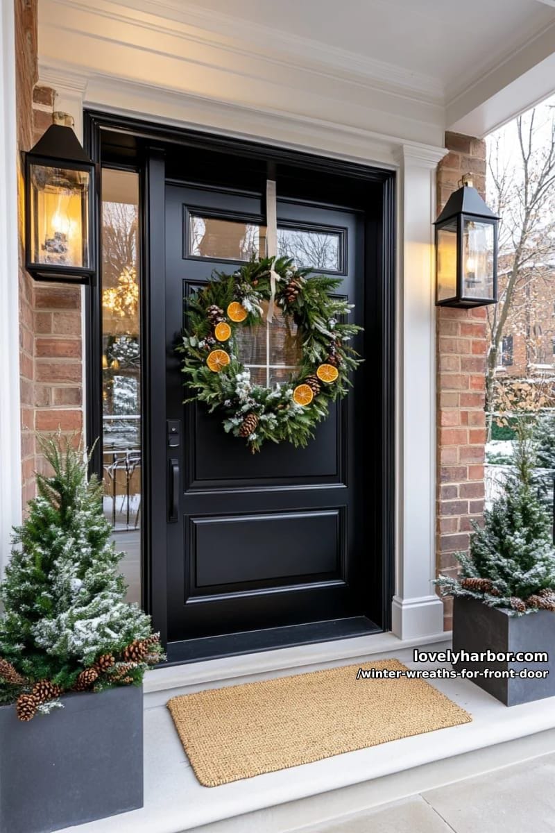 minimalist eucalyptus and dried orange slice wreath on black door 1
