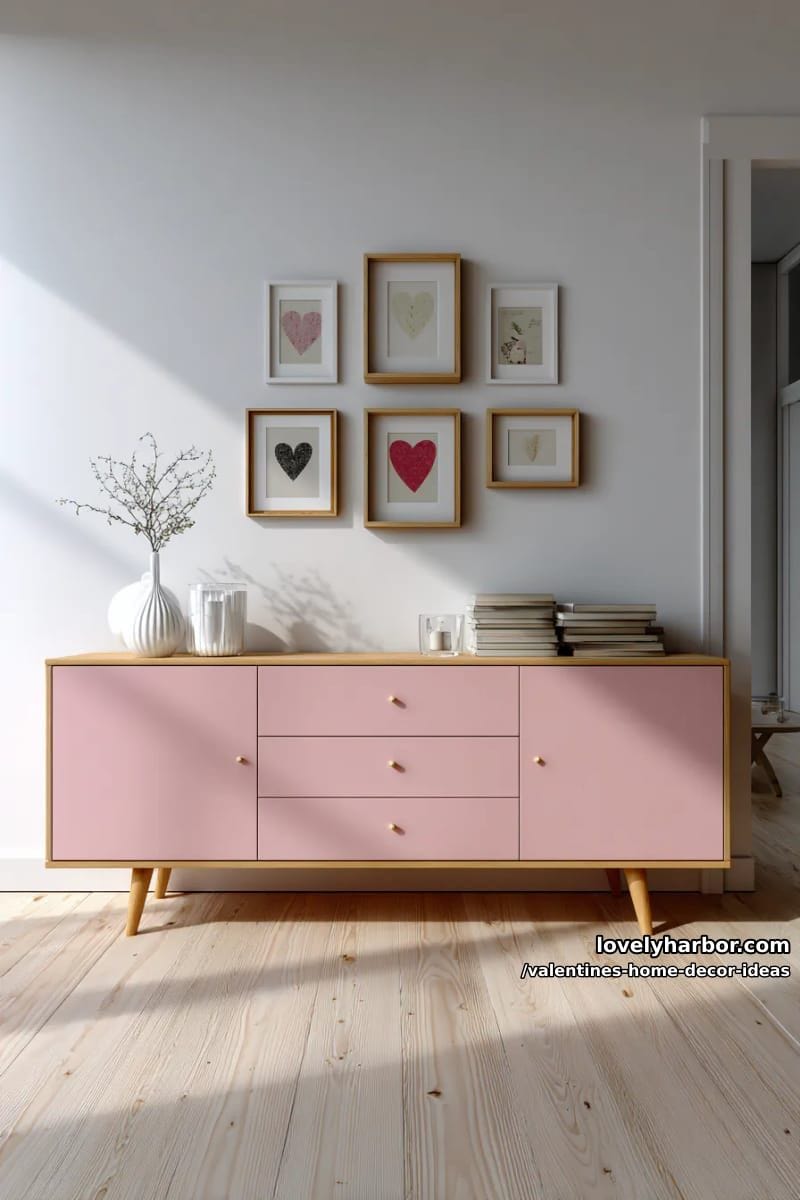 minimalist framed heart art gallery above a soft blush sideboard 1