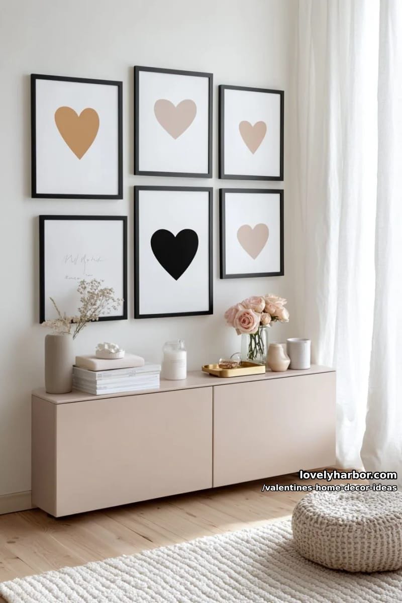 minimalist framed heart art gallery above a soft blush sideboard 1