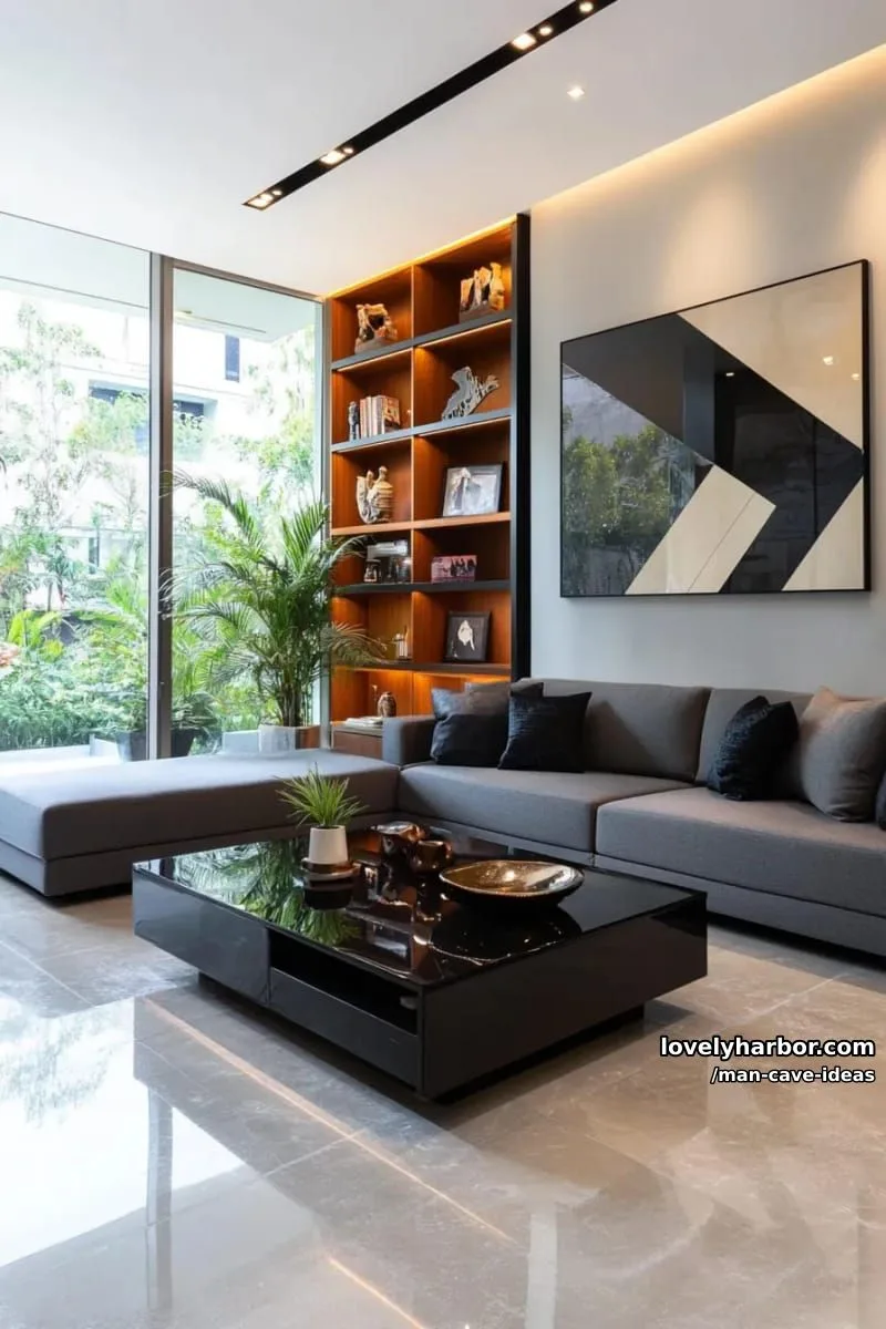 15 Classy Man Cave Ideas to Personalize Your Space 34 minimalist man cave with built-in shelving, geometric art, and matte black finishes 1