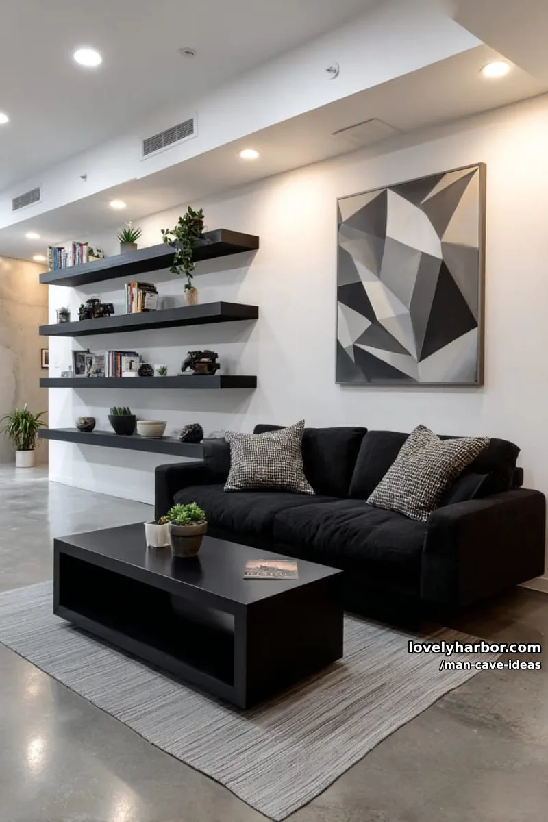 15 Classy Man Cave Ideas to Personalize Your Space 35 minimalist man cave with built-in shelving, geometric art, and matte black finishes 1