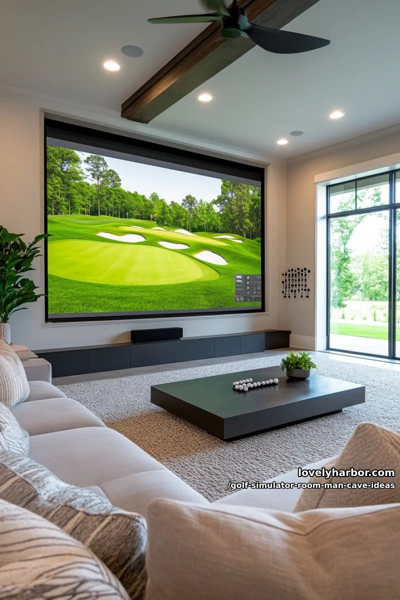 minimalist man cave with projector golf screen and sleek modular lounge seating 1