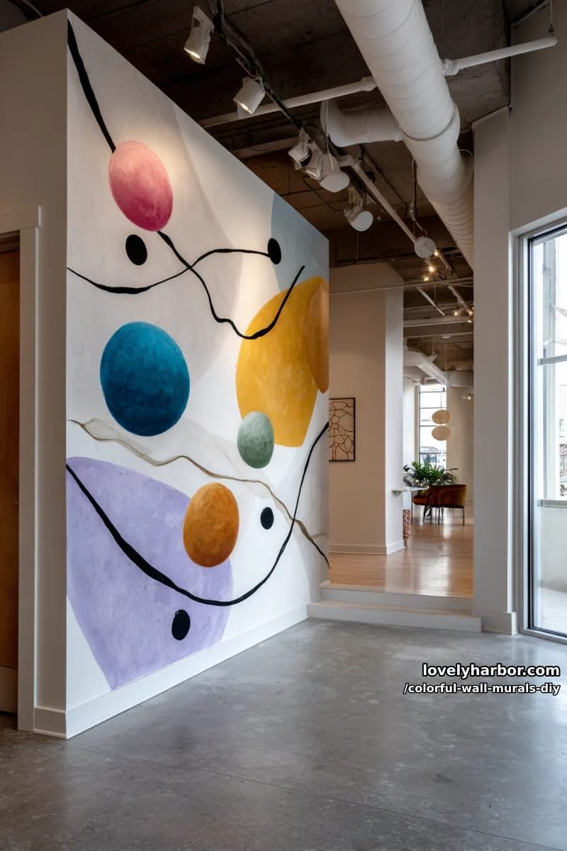 minimalist mural with floating colored orbs and abstract forms 1