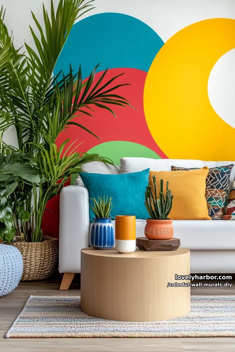 minimalist mural with floating colored orbs and abstract forms 1