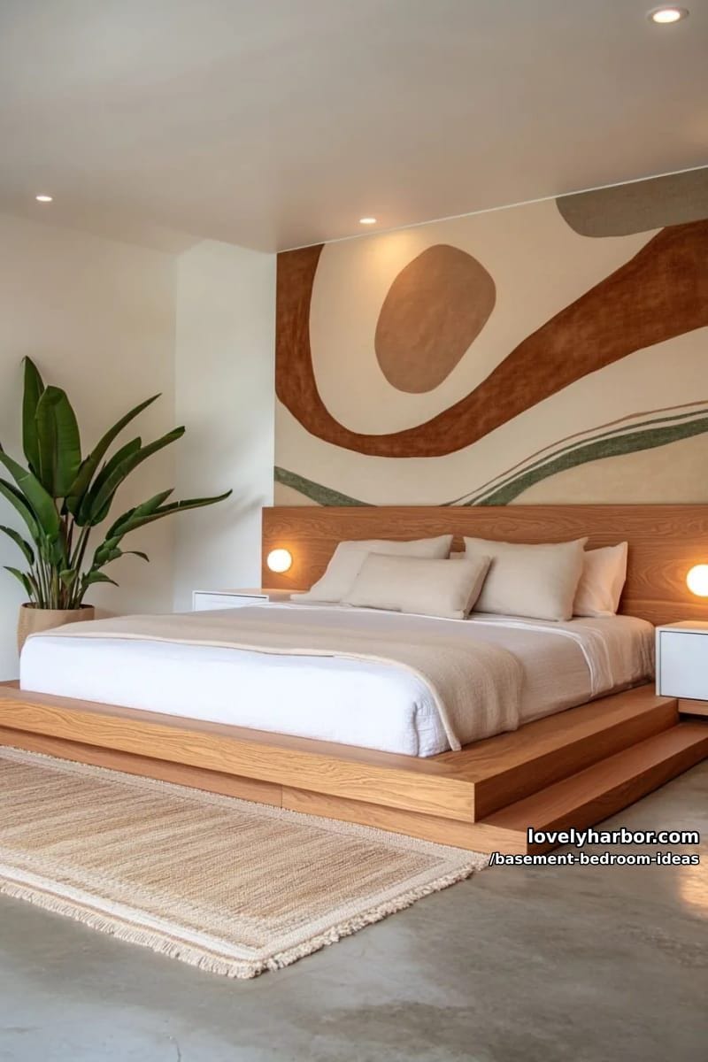 minimalist platform bed beside a large wall mural and sleek hidden storage 1