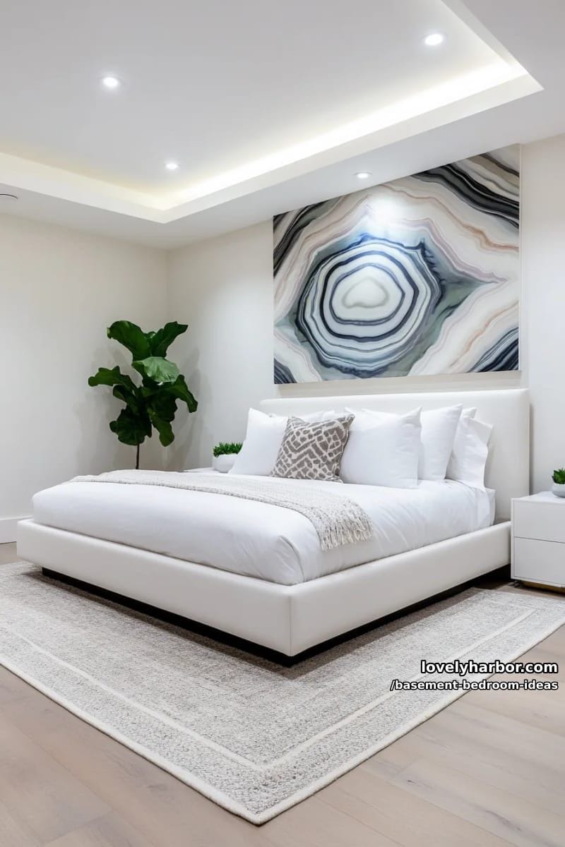 minimalist platform bed beside a large wall mural and sleek hidden storage 1