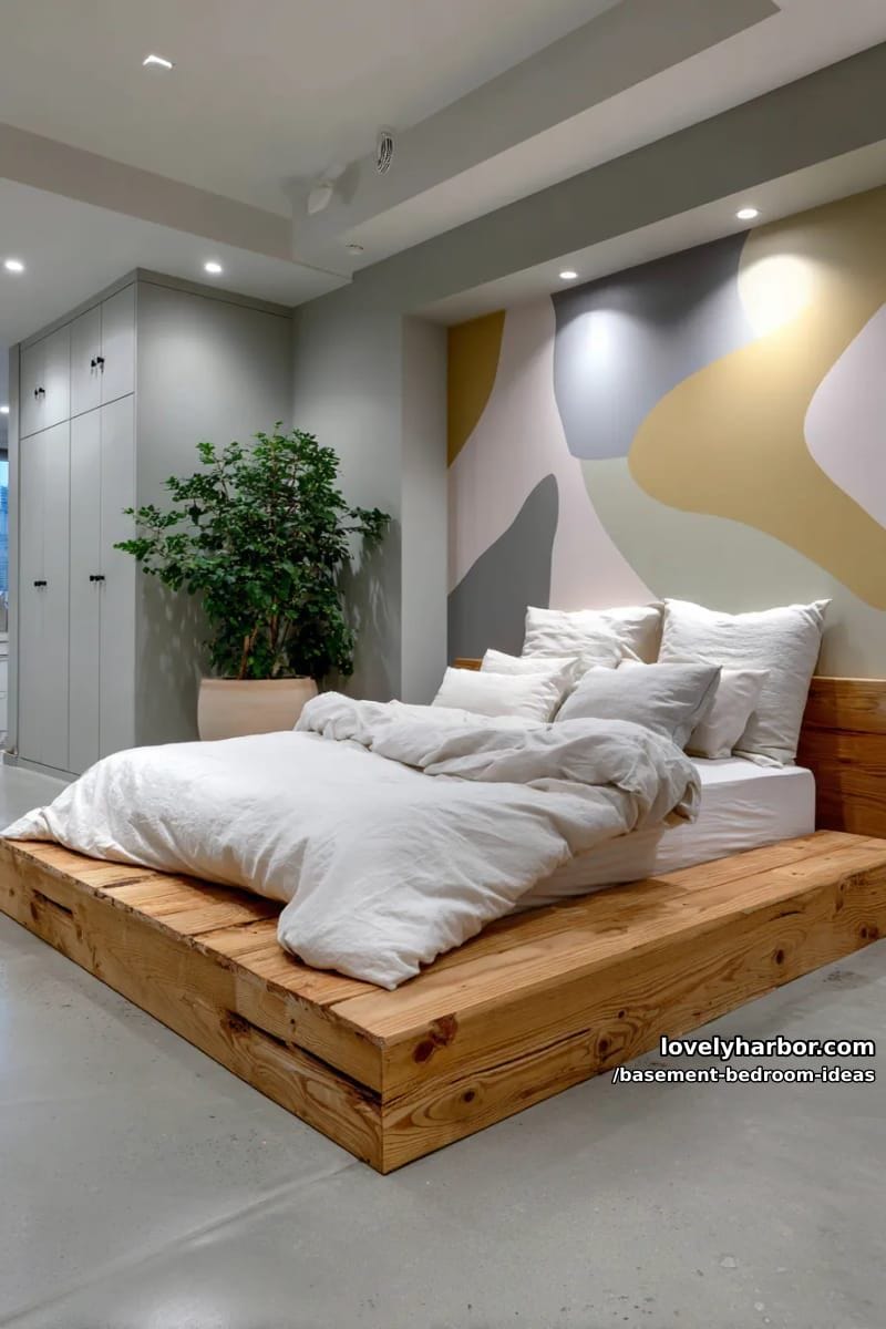 minimalist platform bed beside a large wall mural and sleek hidden storage 1
