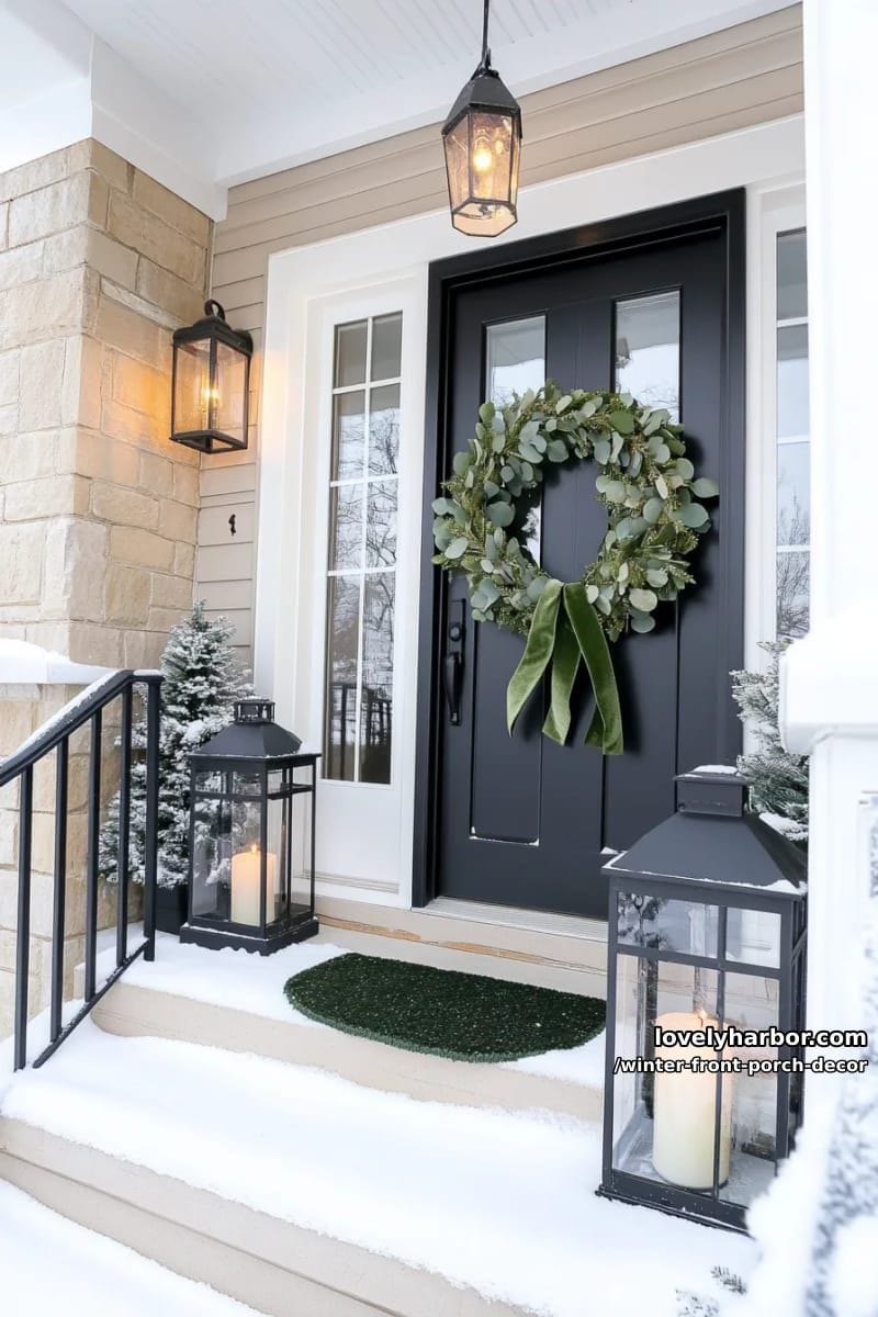 minimalist wreath with eucalyptus and velvet ribbon on black door 1