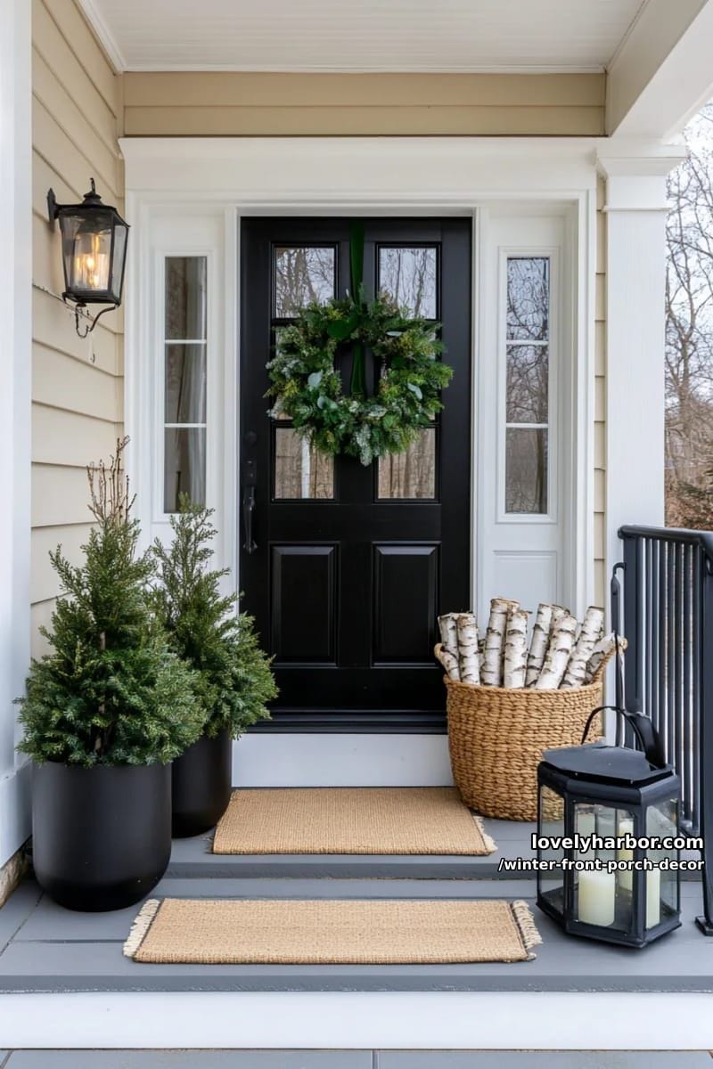 minimalist wreath with eucalyptus and velvet ribbon on black door 1