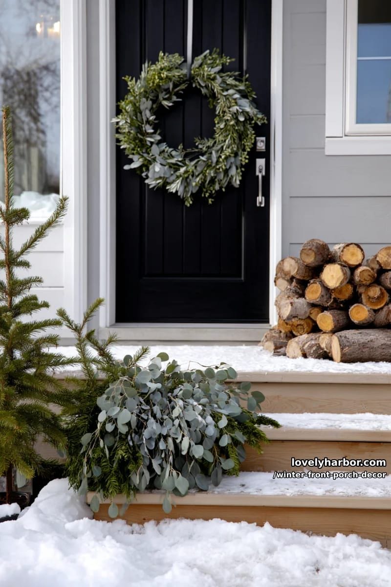 minimalist wreath with eucalyptus and velvet ribbon on black door 1