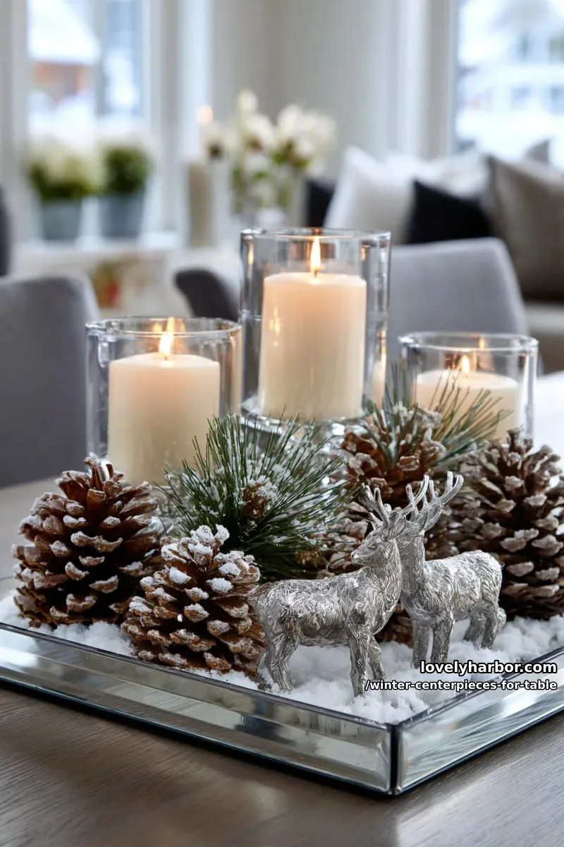 15 Classy Winter Centerpieces for a Festive Table 36 mirrored tray with glass votives, snowy pinecones, and mini silver reindeer 1