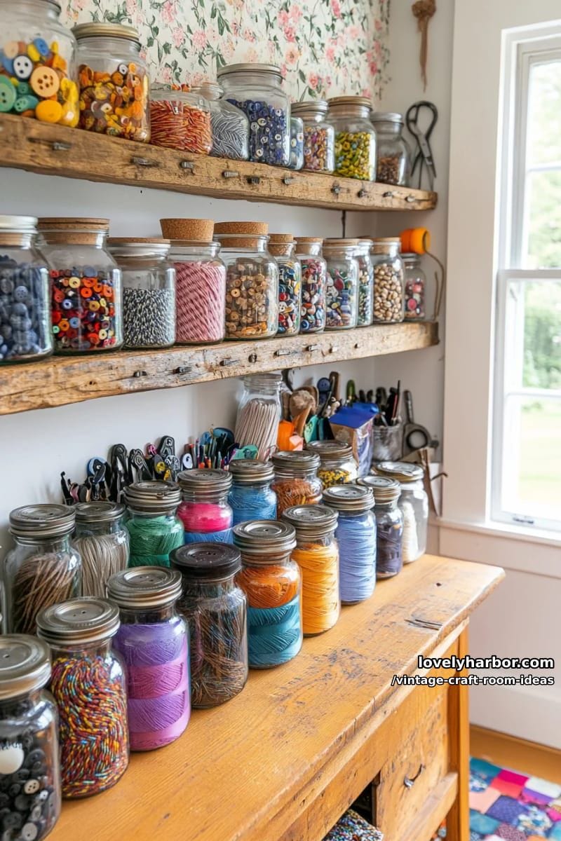 mismatched glass jars on open wooden shelves for craft supply organization 1