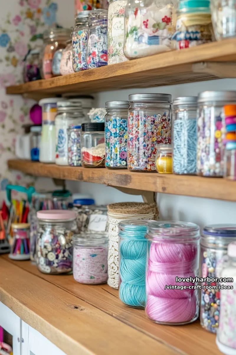 mismatched glass jars on open wooden shelves for craft supply organization 1