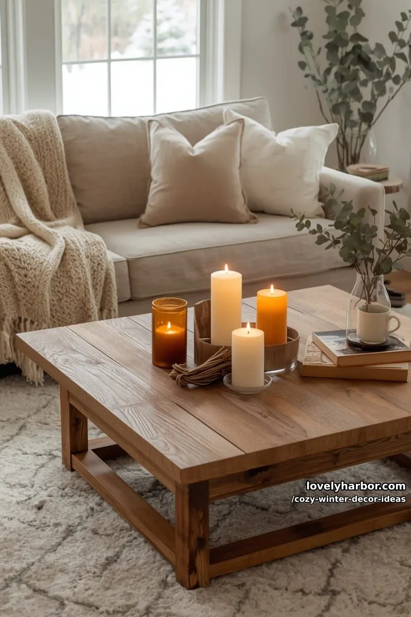 15 Winter Decor Ideas for a Cozy Home Retreat 23 mix amber and ivory pillar candles on coffee tables for a golden glow. 1