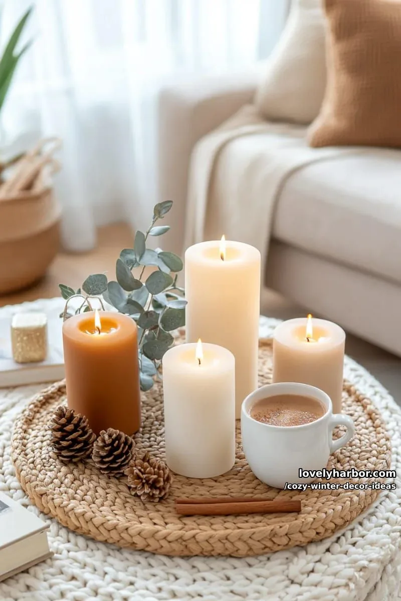 15 Winter Decor Ideas for a Cozy Home Retreat 24 mix amber and ivory pillar candles on coffee tables for a golden glow. 1