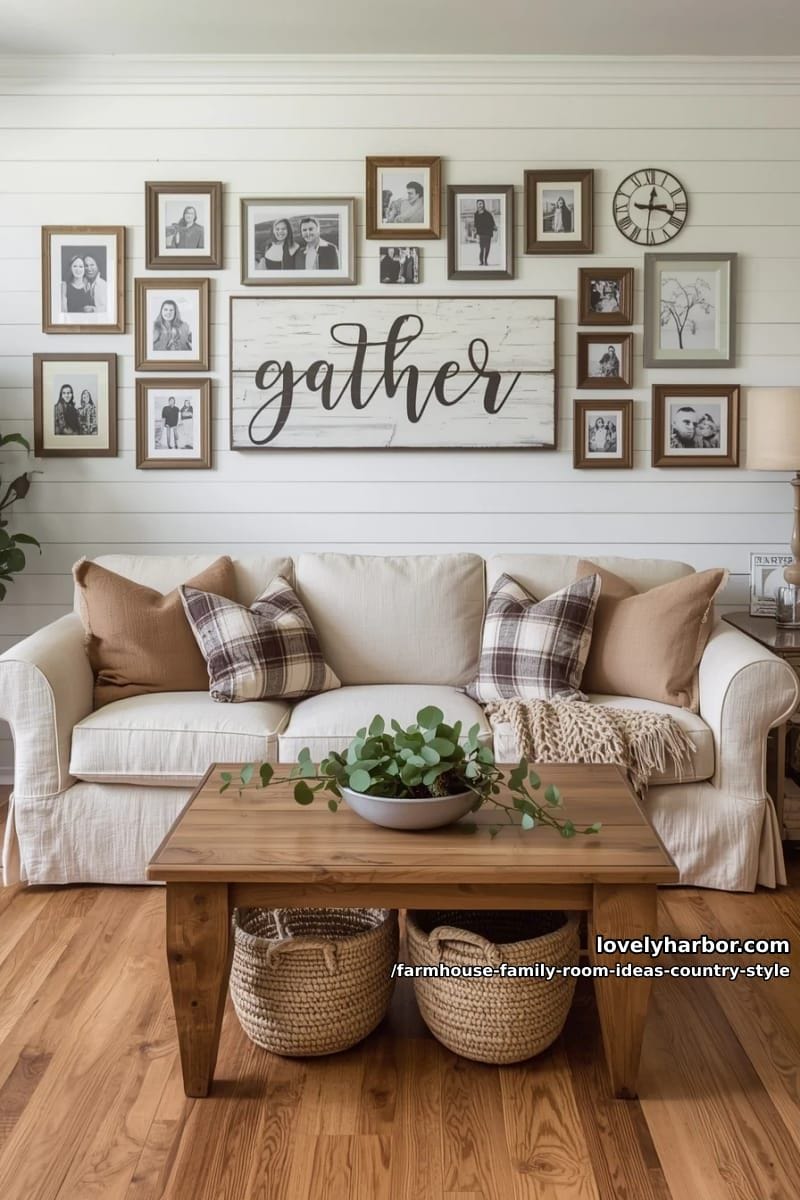 mix of farmhouse family photo wall and vintage “gather” wooden sign above sofa 1