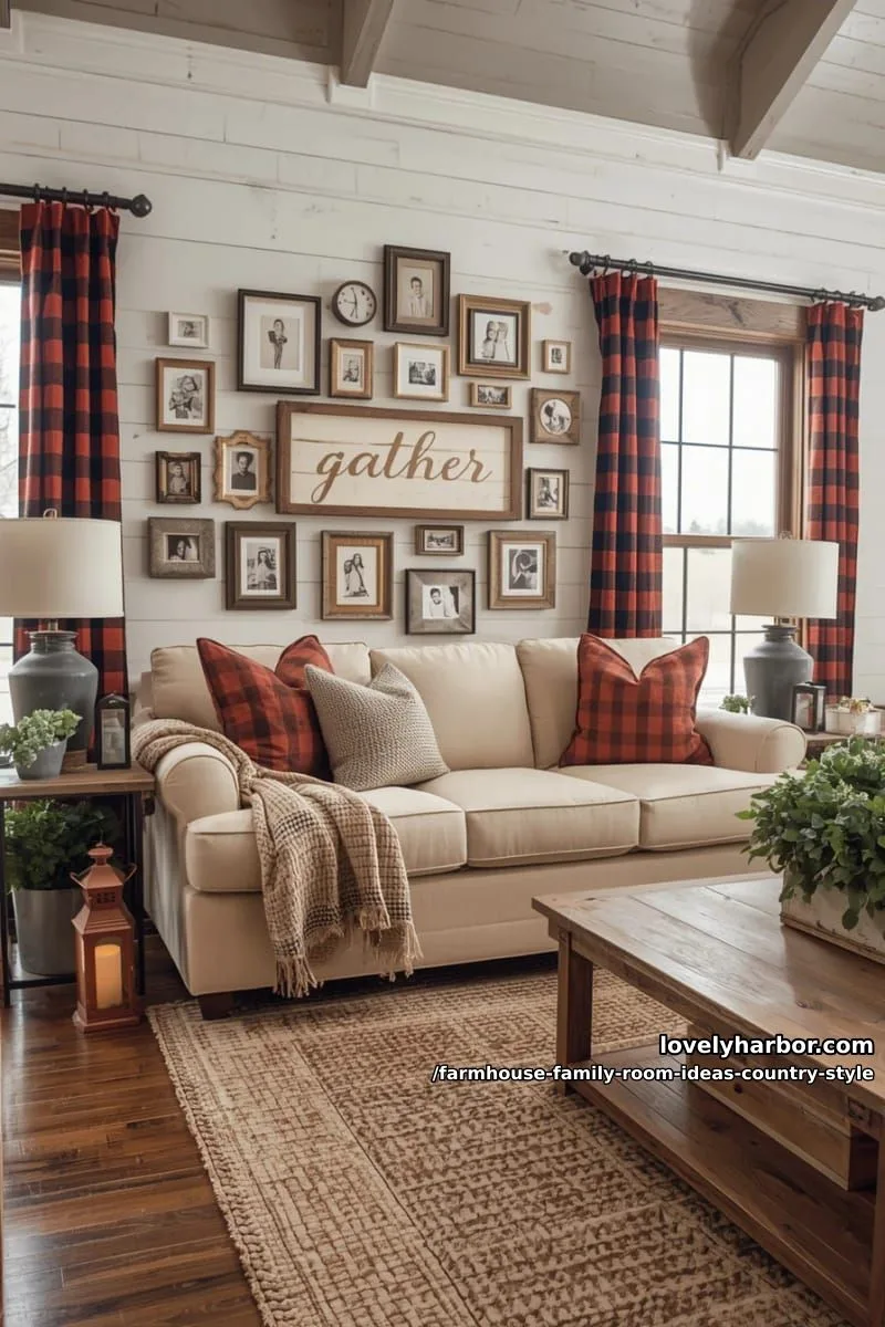 mix of farmhouse family photo wall and vintage “gather” wooden sign above sofa 1