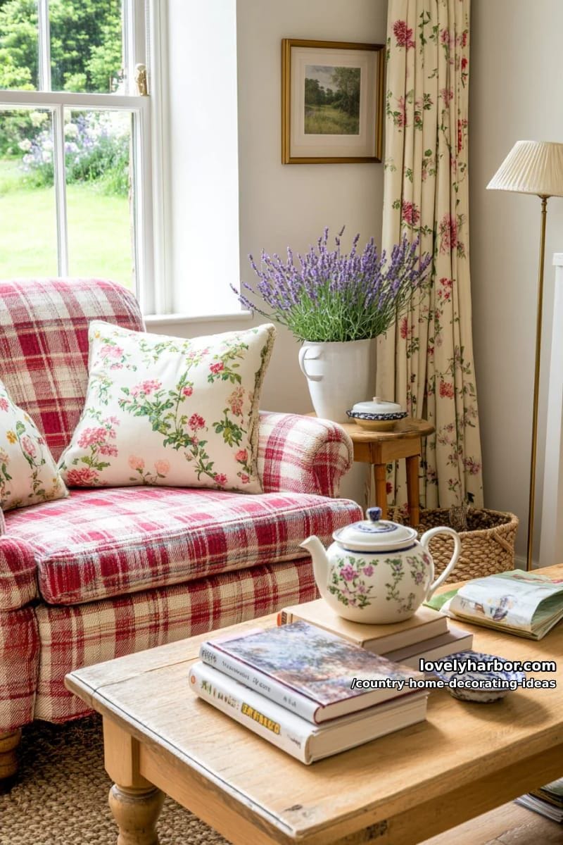 mix plaid upholstery and floral curtains for a classic english country cottage look. 1