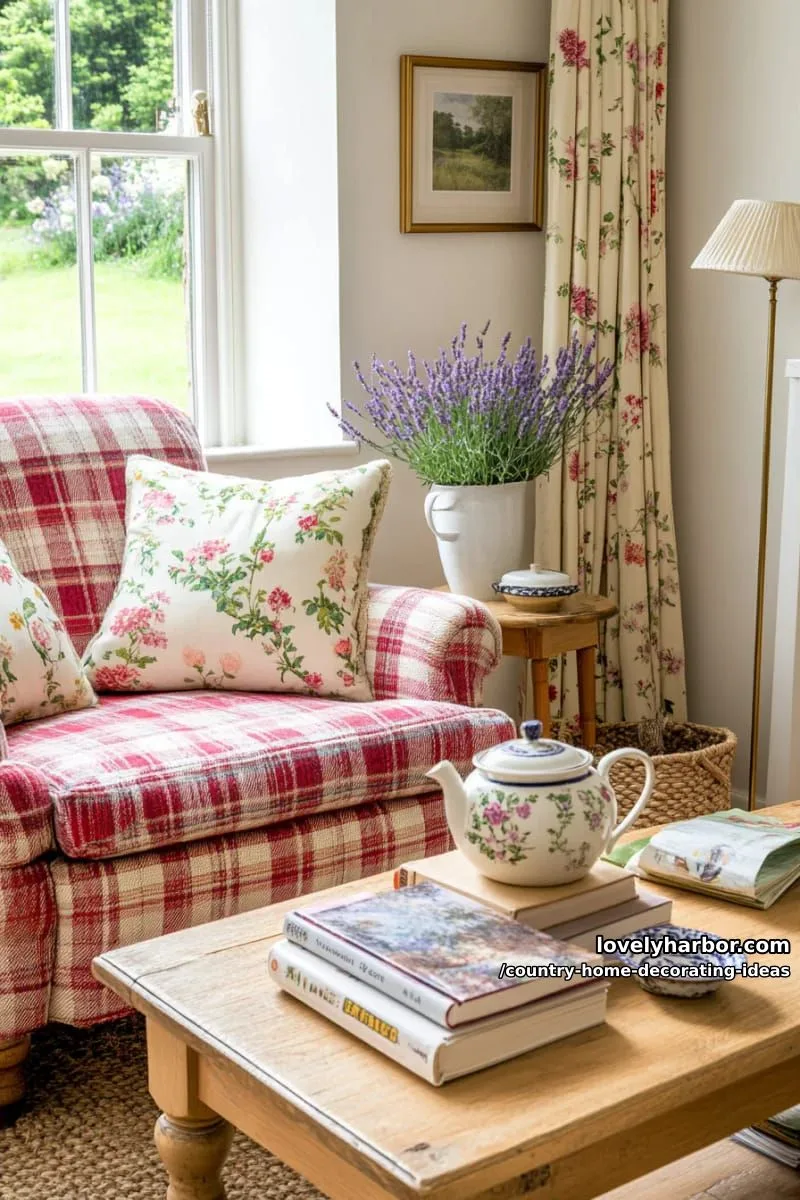 mix plaid upholstery and floral curtains for a classic english country cottage look. 1